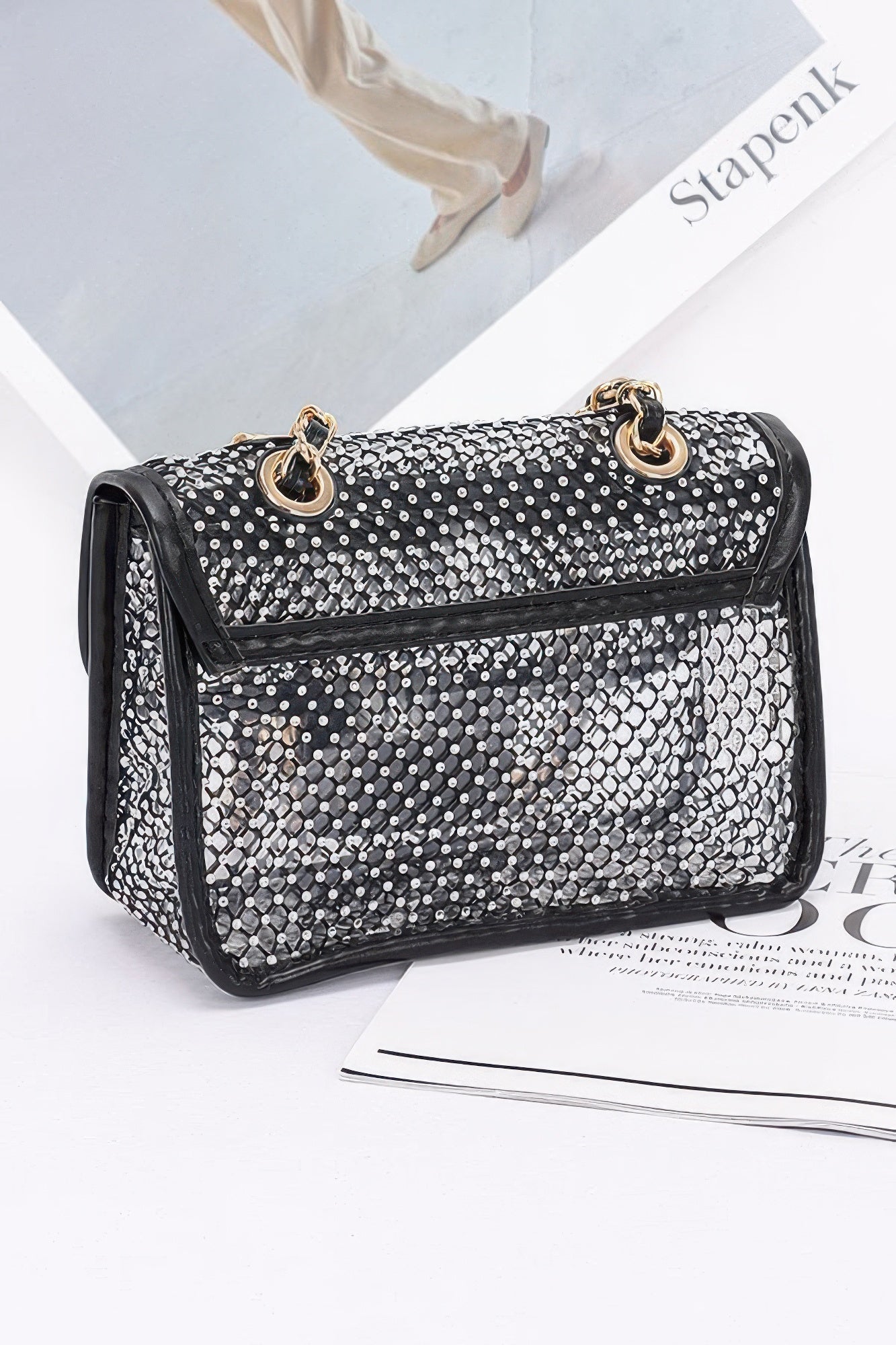 Rhinestone Mesh Flap Shoulder Bag