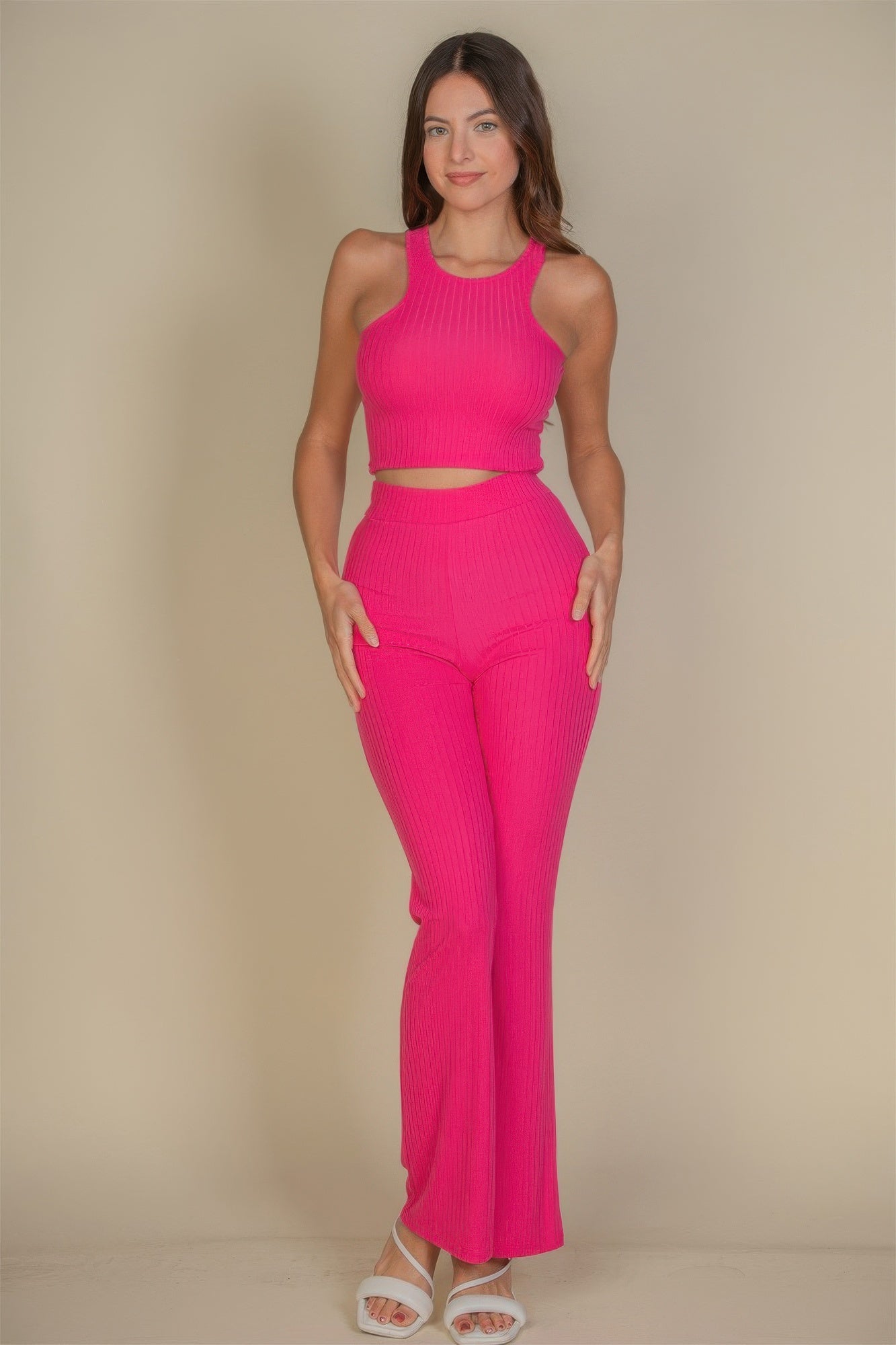 Ribbed Cropped Top And Bootcut Pants S