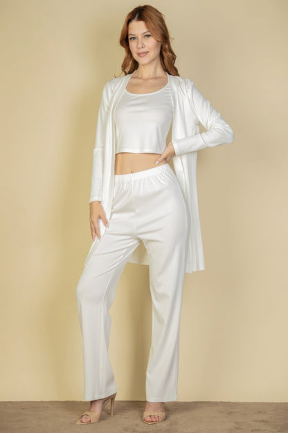 Flat Back Rib 3 Pieces Cami Top With Pants And Long Cardigan