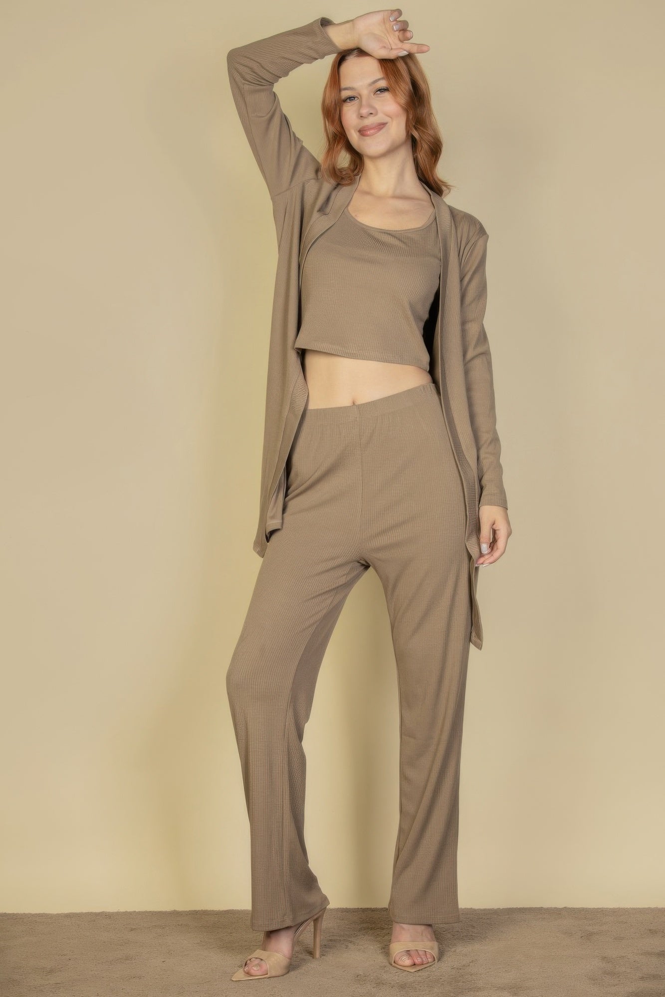 Flat Back Rib 3 Pieces Cami Top With Pants And Long Cardigan