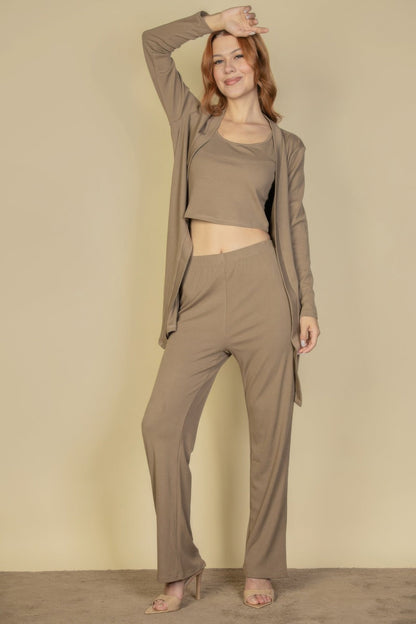 Flat Back Rib 3 Pieces Cami Top With Pants And Long Cardigan
