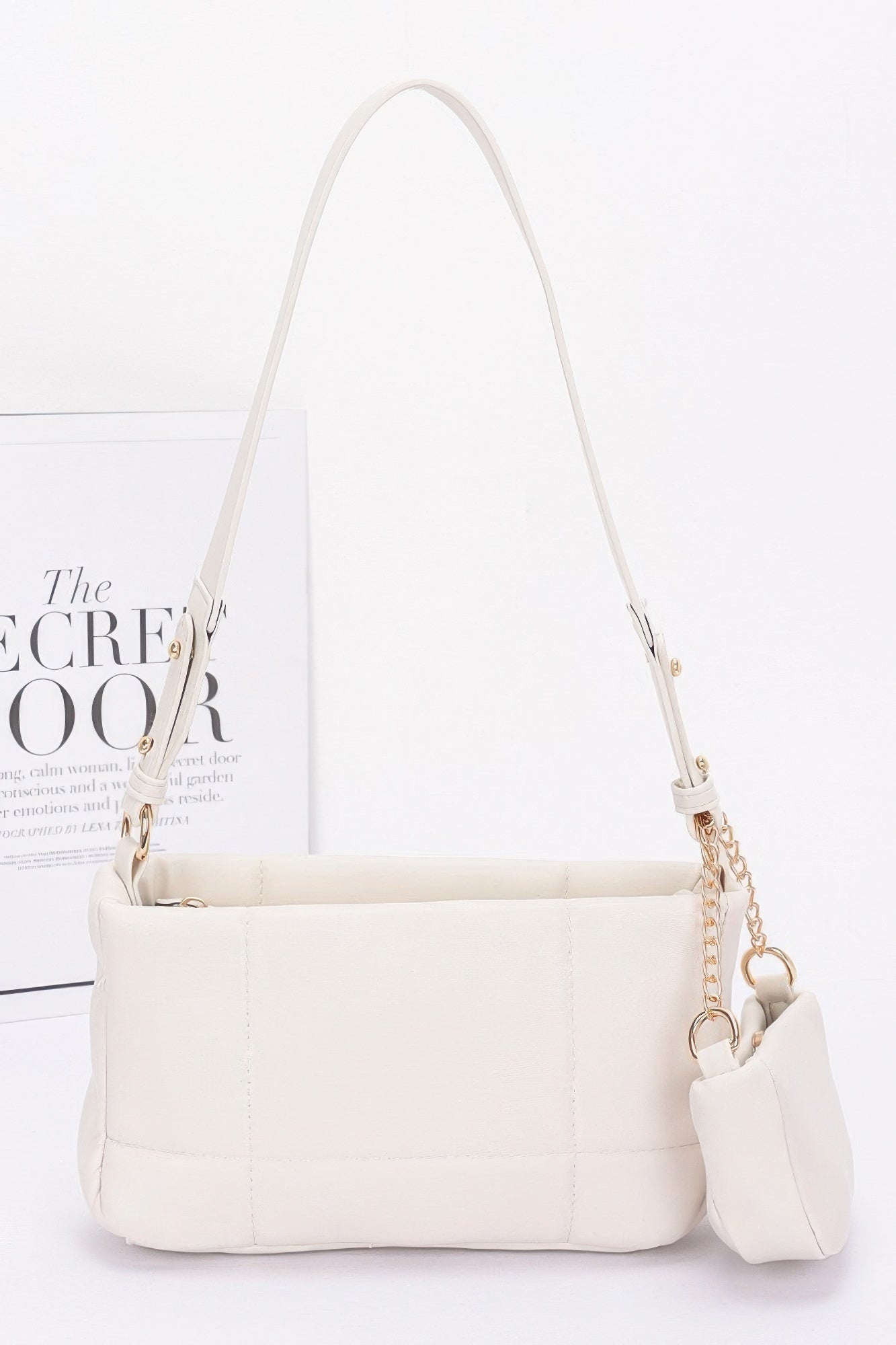 Quilted Faux Leather Shoulder Bag withAirpod Bag