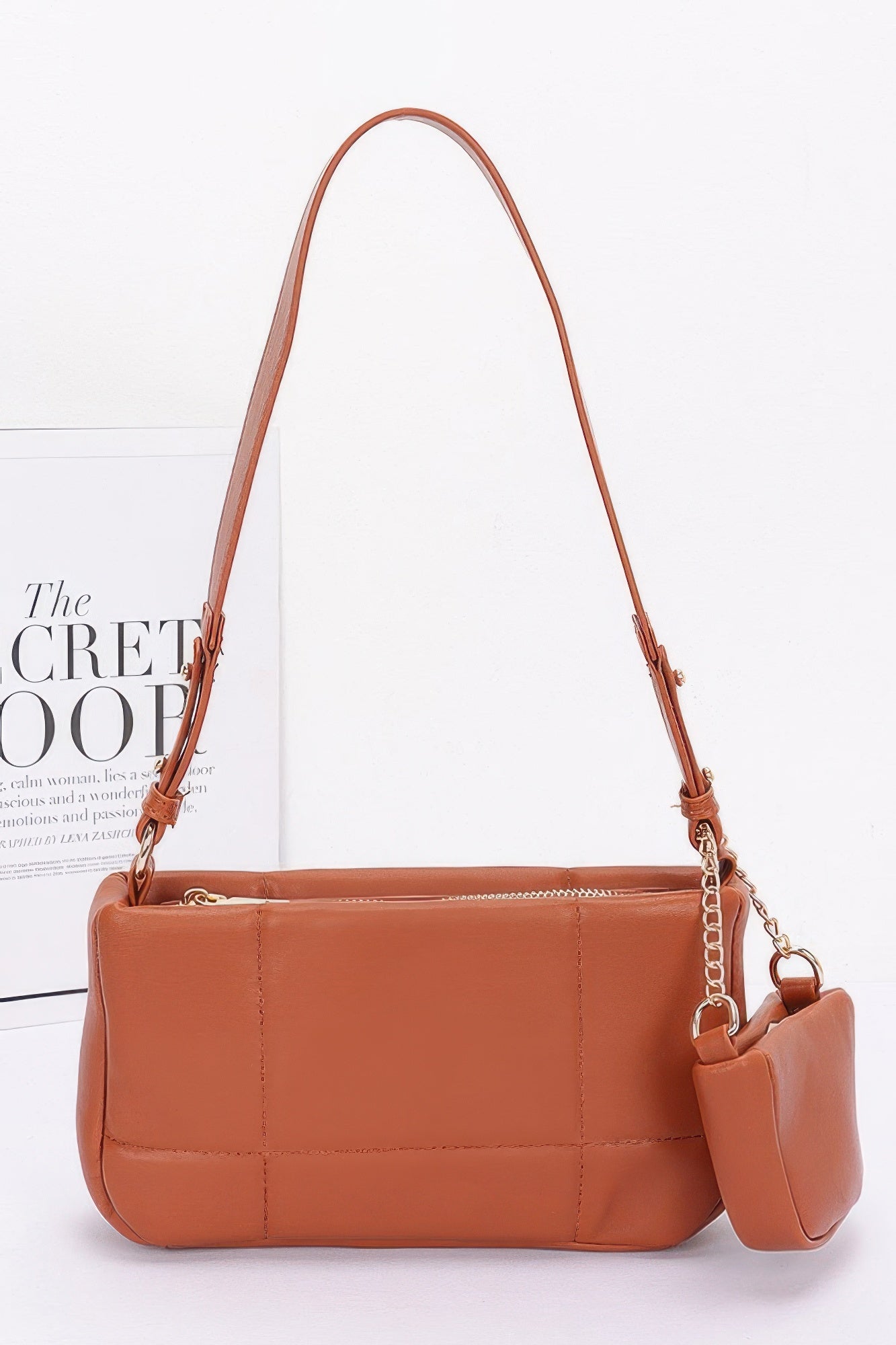 Quilted Faux Leather Shoulder Bag withAirpod Bag