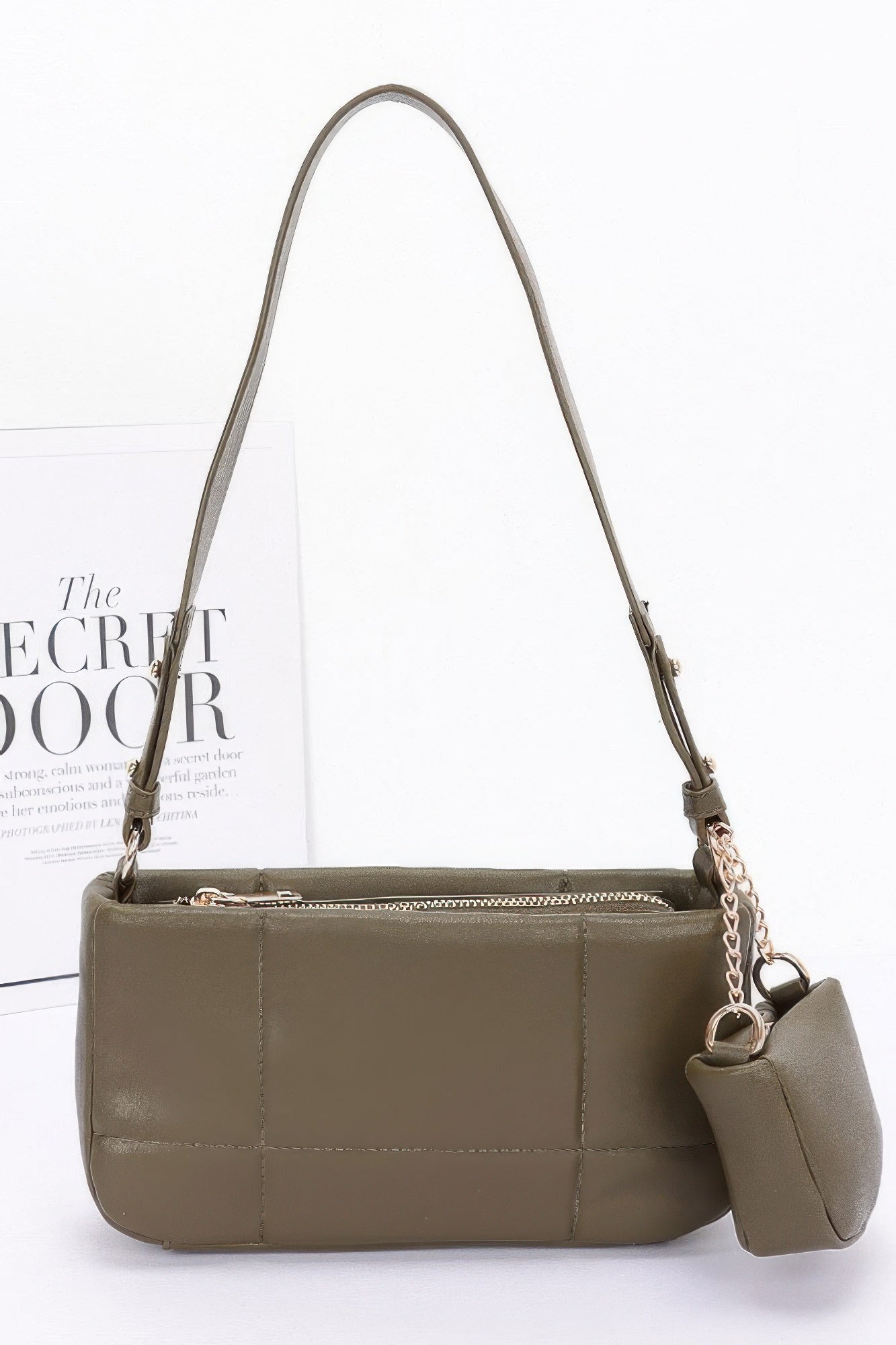 Quilted Faux Leather Shoulder Bag withAirpod Bag