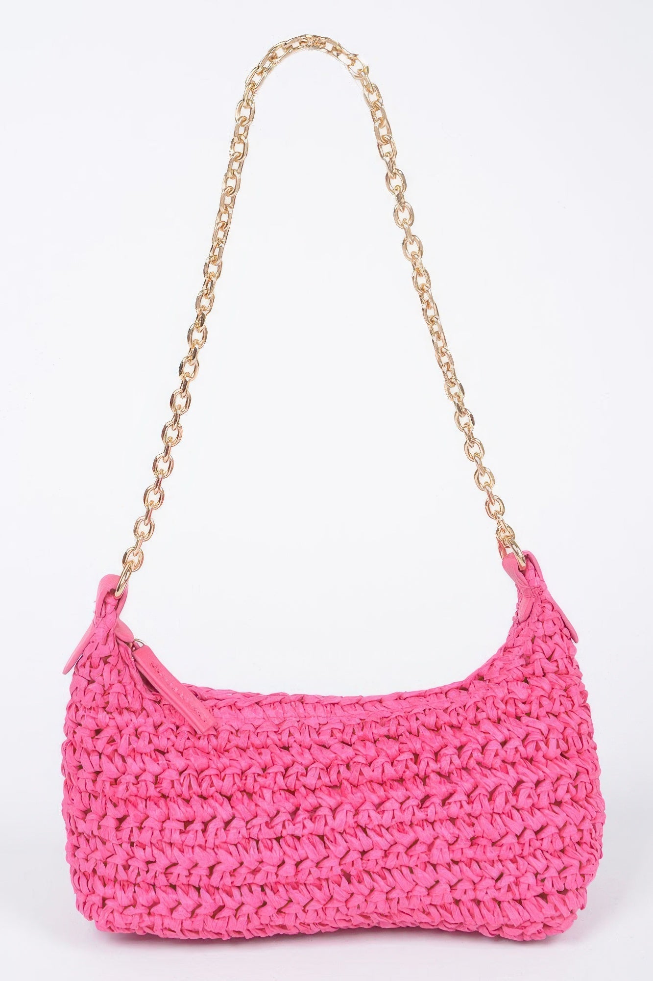 Faux Straw Zip Chain Shoulder Clutch