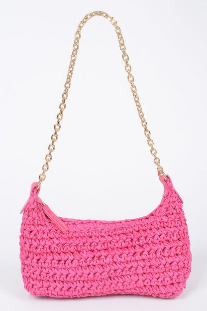 Faux Straw Zip Chain Shoulder Clutch