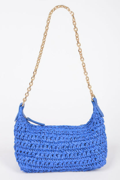 Faux Straw Zip Chain Shoulder Clutch