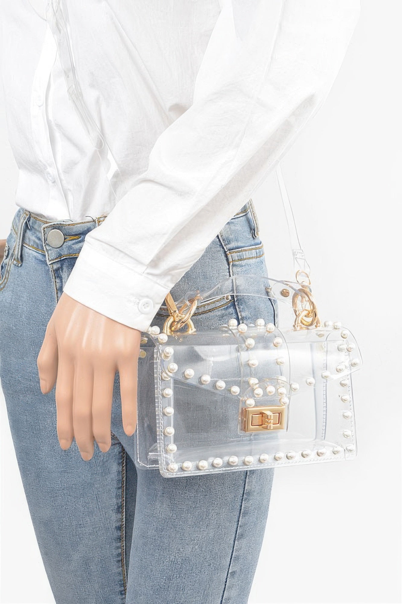 Transparent Single Handle Clutch W/faux Pearl