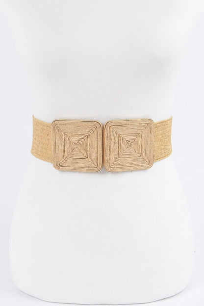 Faux Straw Two Buckle Elastic Belt