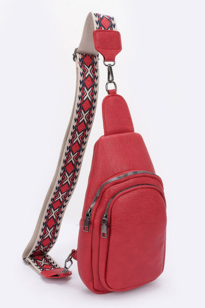 Faux Leather Sling Bag W/multi Color Strap
