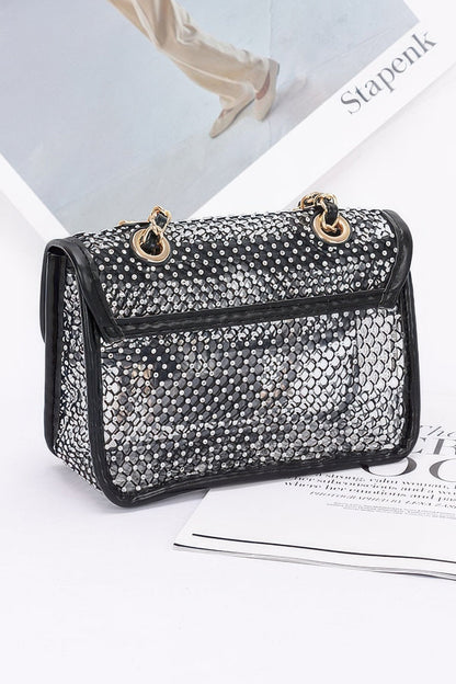 Rhinestone Mesh Flap Shoulder Bag