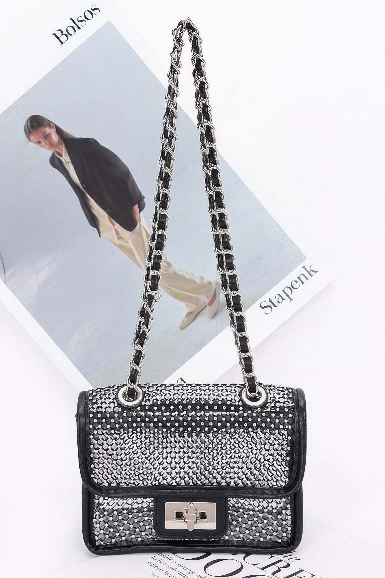 Rhinestone Mesh Flap Shoulder Bag