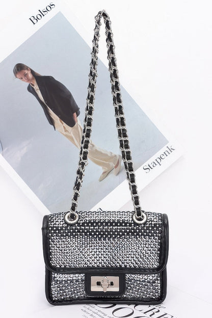 Rhinestone Mesh Flap Shoulder Bag