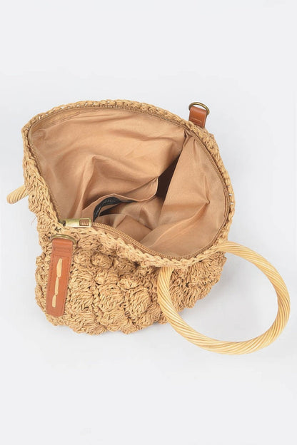 Faux Straw Round Wood Handle Bag