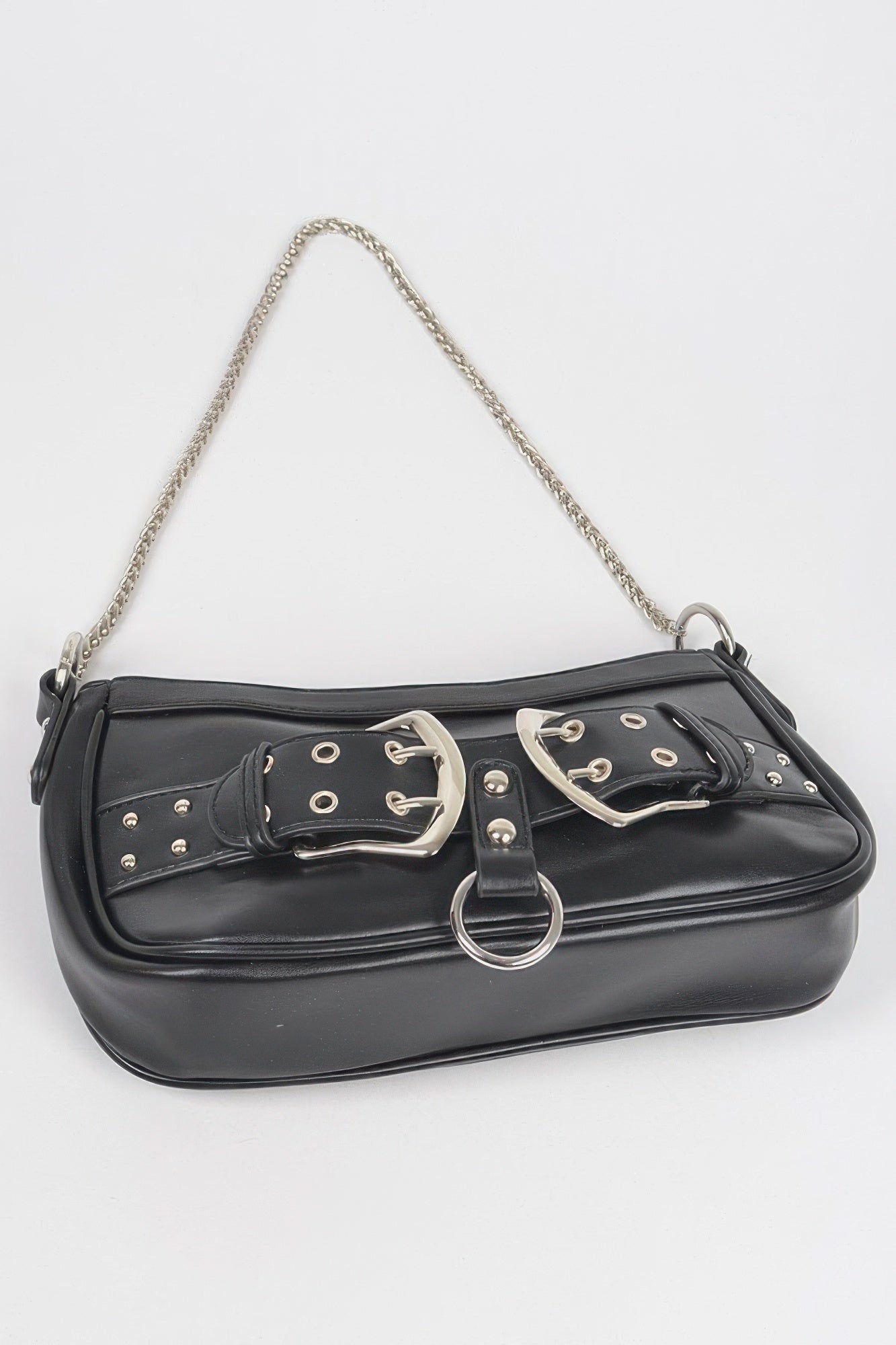 Faux Leather Stud Double Buckles Shoulder Bag