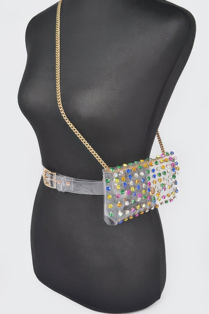 Rhinestone Clear Belt Bag W/chain