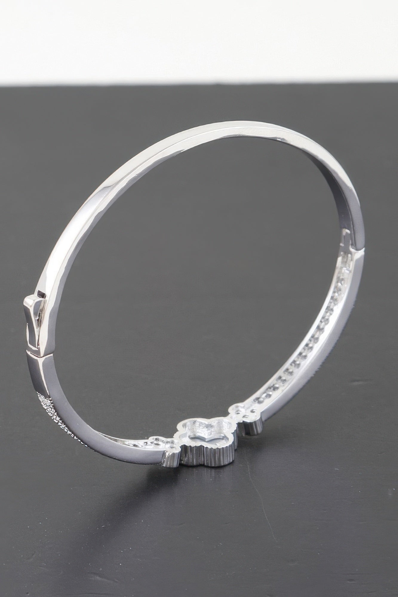 Gold Plated Pearl And Cz Pave Clover Bangle Bracelet