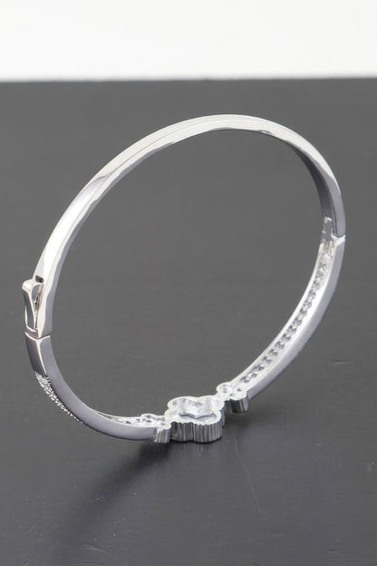 Gold Plated Pearl And Cz Pave Clover Bangle Bracelet