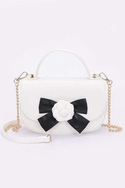 Faux Leather Flower Ribbon Top Handle Flap Bag