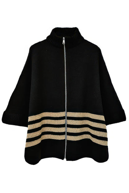 Sporty Bordered Zip Up Knit Kimono