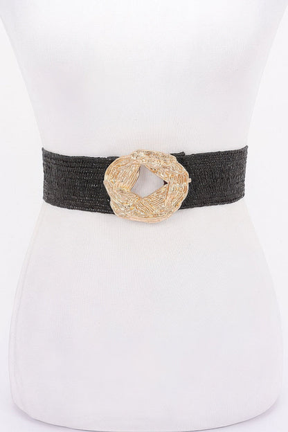 Metal Buckle Elastic Faux Straw Belt